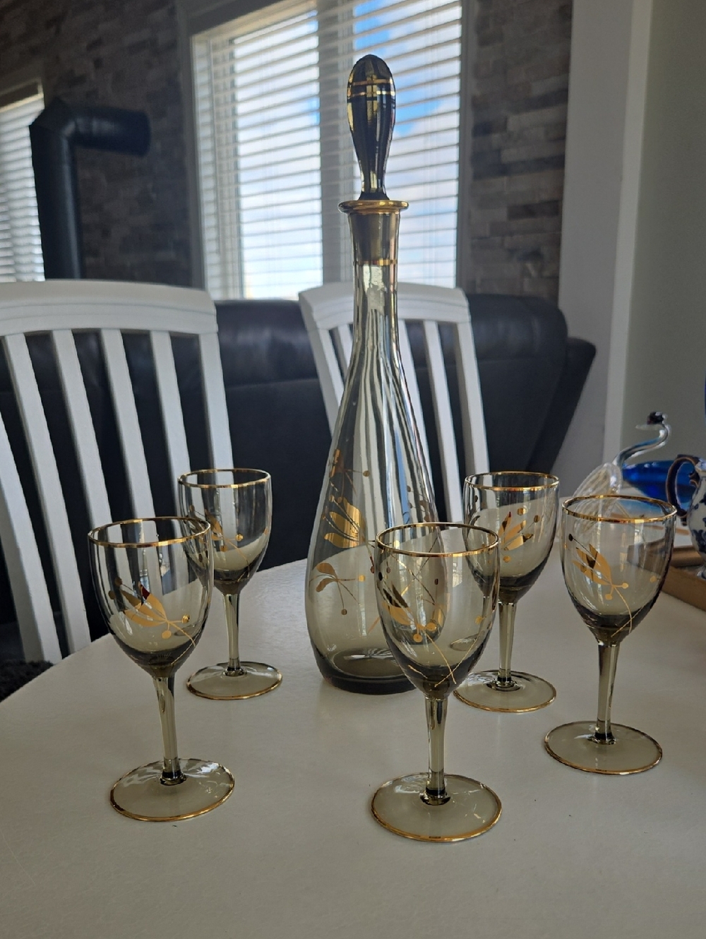 Vintage Bohemiun Smoked Glass Decant With Gold Color Accents